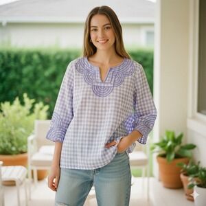 Talbots Gingham Tunic Top Lavender White Embroidered Collar Sleeve - Size MP